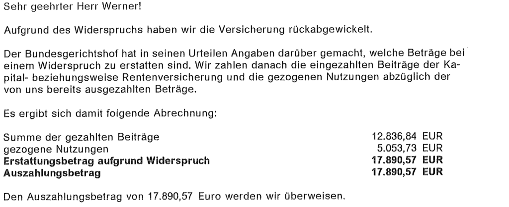 Abrechnung nach erfolgreichem Widerruf durch RHS Rechtsanwälte
